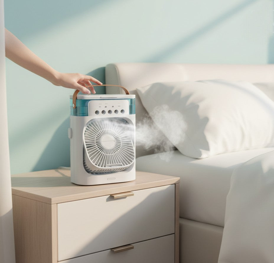 My Store 6 portable white misting fan with LED light and handle on a bedside table, emitting a cool refreshing mist.